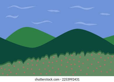 Green mountain with blue sky landscape in flat vector illustration. Concept of spring or summer. Design good for background, wallpaper, poster.