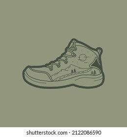 Green mountain boots illustration suitable for stickers, travel patches, t-shirt designs