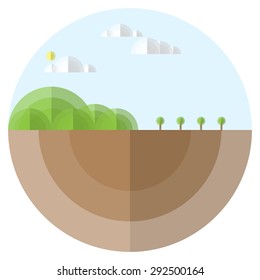 Green  mountain cloud sun tree landscape  with semicircle and layer style, vector illustration