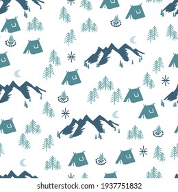 Green Mountain Forest Camping Vector Graphic Illustration Seamless Pattern can be used for Background and Apparel Design