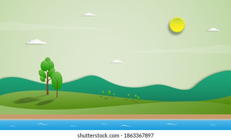 Green mountain and hills landscape scenery background banner paper cut art style design vector illustration 