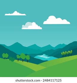 Green mountain illustration landscape vector with hill and lake,cloud