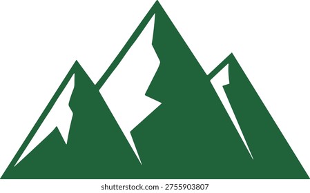 Green mountain illustration with sharp angular peaks, snowcapped summits, layered composition, nature landscape vector graphic design for outdoor branding