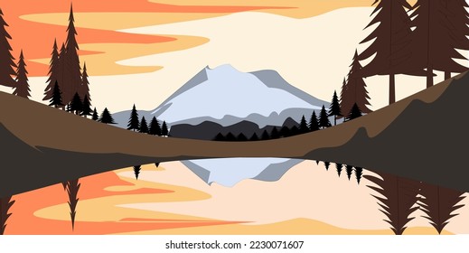 Green mountain and lake  lanscape vector. Suitable for background, landing page, and many more,editable vector