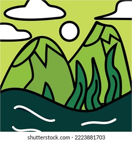 Grüne Berge und See auf einfarbigem Hub zur Illustration von Landschaftshintergrund flaches Design