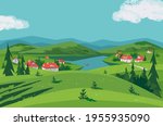 Green Mountain lake valley landscape vector poster. Summer season river side rural community scenic view cartoon. Local nature outdoors tourist trip background. Sunny day countryside mountain village