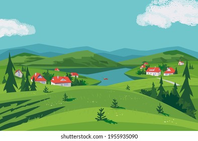 Green Mountain lake valley landscape vector poster. Summer season river side rural community scenic view cartoon. Local nature outdoors tourist trip background. Sunny day countryside mountain village