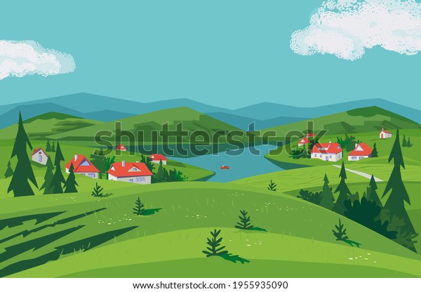 Green Mountain lake valley landscape vector\
poster. Summer season river side rural community scenic view\
cartoon. Local nature outdoors tourist trip background. Sunny day\
countryside mountain\
village