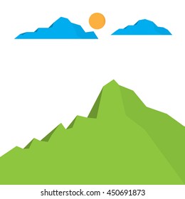 Green mountain landscape with clouds and sun on white background, vector illustration
