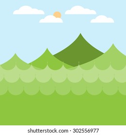 Green mountain landscape with forest sky clouds and sun, vector illustration