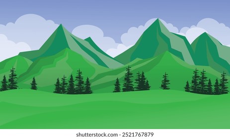 Green Mountain Landscape with Forest Trees - Serene Nature Scene in Minimalist Style