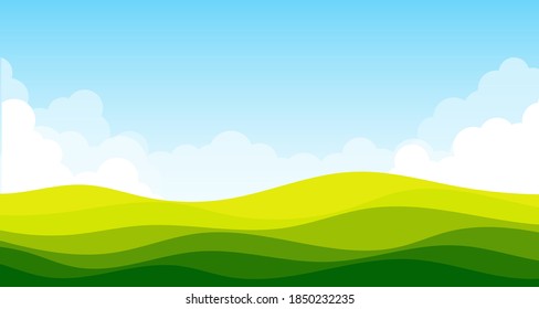 Green Mountain landscape lawn view with white clouds and blue clear sky background vector illustration.