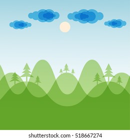 Green mountain landscape with layer style and wave, Landscape with mountain tree clound and sun on blue sky background, vector illustration