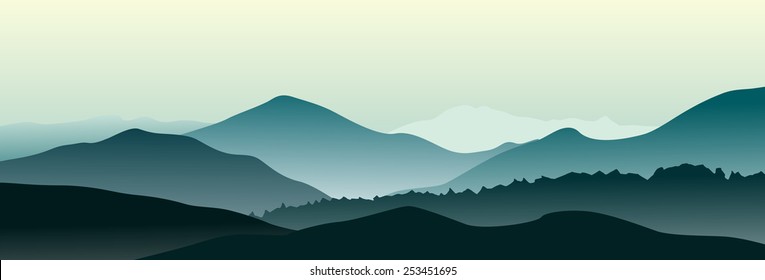 Green mountain landscape in the summer evening. Horizontal banner.