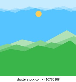 Green mountain landscape with sun clouds and blue sky background, vector illustration