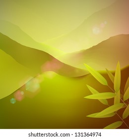 Green mountain landscape vector background with lens flare
