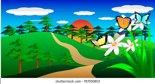 Green mountain landscape view vector art and illustration, spring scene with plant flower is blooming and butterflies is flying above it with sun blue sky background.