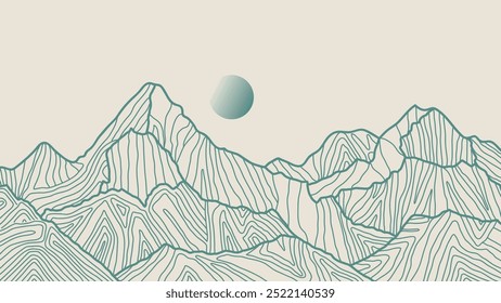 Green mountain line art wallpaper. Contour drawing luxury scenic landscape background design illustration for cover, invitation background, packaging design, fabric, banner and print.
