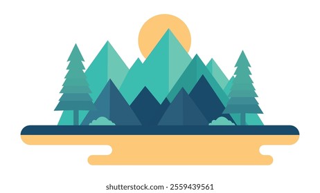 Green Mountain Nature View Landscape with Pine Trees in Forest with Sun in Bright Sky