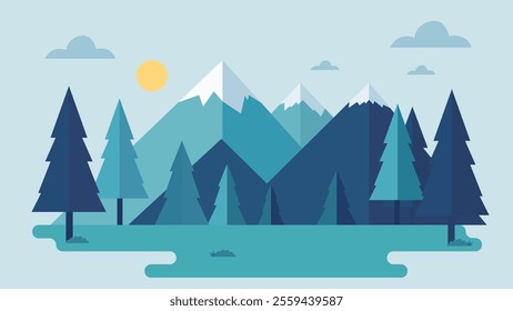 Green Mountain Nature View Landscape with Pine Trees in Forest with Sun in Bright Sky