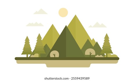 Green Mountain Nature View Landscape with Pine Trees in Forest with Sun in Bright Sky