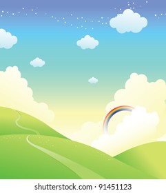 Montaña verde con arco iris en el cielo