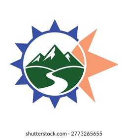 Green mountain range with winding road and sun logo on white background, nature travel concept