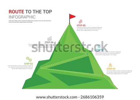 Green Mountain Route Infographic Design Showing Step by Step Climb to Success for Business Growth and Goal Achievement