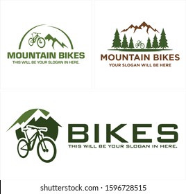 Green mountain tree pine bike logo design vector suitable for sport bicycle outdoor rental adventure recreation