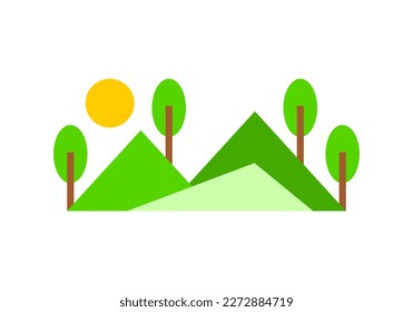 Bosque de árboles montañosos verdes con diseño vectorial plano de icono solar amarillo