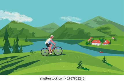 Green mountain valley landscape flat color vector. Man enjoy riding bicycle cartoon illustration. Summer season nature outdoor active vacation in rural countryside. Healthy lifestyle travel background