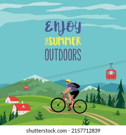 Green mountain valley landscape flat color vector. Man enjoy riding bicycle cartoon illustration. Summer season nature outdoors active vacation trip. Healthy lifestyle tourist travel banner background