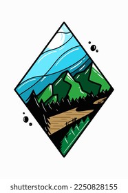 Green Mountain View Handdrawn illustration, Mountain view in diamond frame illustration