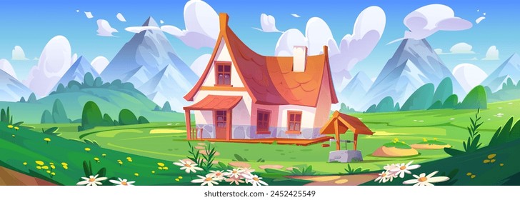 Green mountain village house with well in summer. Country home building and nature hill background. Rural environmental scene with beautiful garden area for vacation cartoon landscape illustration.