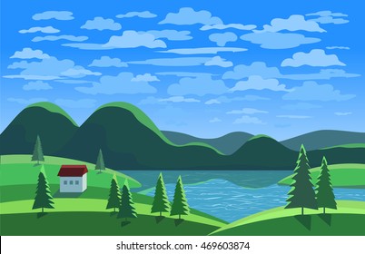 Green mountains blue sky landscape. Daylight lake valley scenic view. House on river bank in wood. Grass hills. Abstract green pine tree forest. Nature banner  background. Cartoon vector illustration