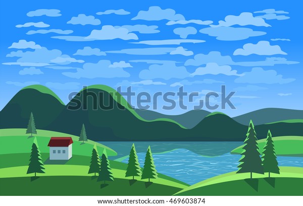 Green Mountains Blue Sky Landscape Daylight Stock Vector Royalty