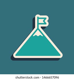 Green Mountains and flag on top icon isolated on blue background. Symbol of victory or success concept. Long shadow style. Vector Illustration
