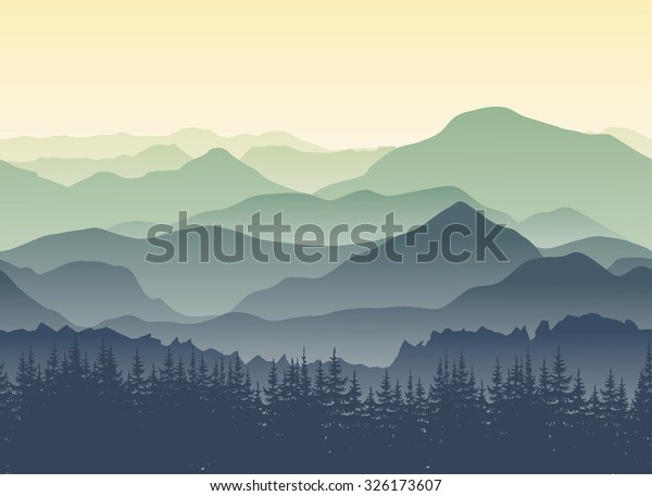 Green\
mountains in the fog. Seamless background.\
