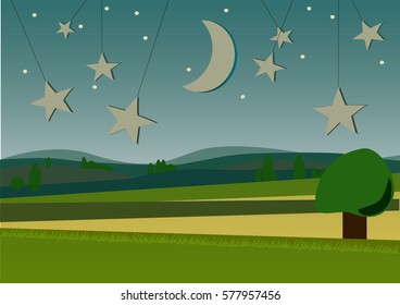 Green mountains in the fog. Vector illustration