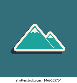 Green Mountains icon isolated on blue background. Symbol of victory or success concept. Long shadow style. Vector Illustration
