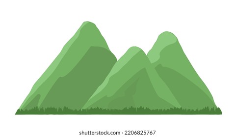 Green mountains icon. Travel, adventure and tourism, hiking and mountaineering. Fancy abstract canvases and tops. Horizontal landscape element, outdoor activity. Cartoon flat vector illustration