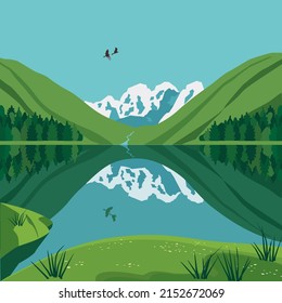 Green Mountains Lake Valley Landscape background. Beautiful wild nature parkland scenic view illustration. Mountain lake calm sunlight summer day vector poster. Nature environment, tourist banner