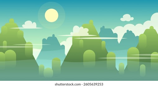 Green Mountains Landscape Flat Style Vector Illustration. Suitable for web, games and books. Horizontal format.