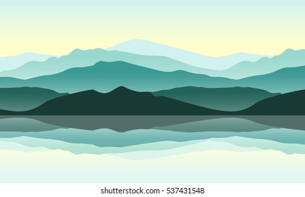 Green Mountains Landscape With Reflection In The Water. Vector Illustration Of Nature.
Outdoor And Traveling Concept. 