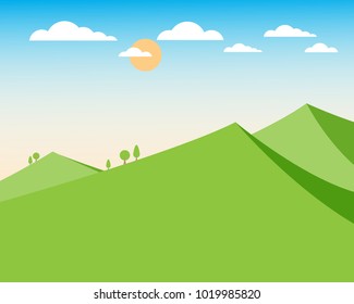 Green mountains landscape with trees clouds and sun on blue sky background, Landscape panoramic view, vector illustration