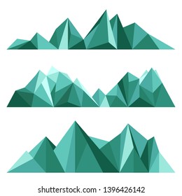 Green Mountains In Low Poly Style. Polygonal Mountain Ridges. Vector Set.