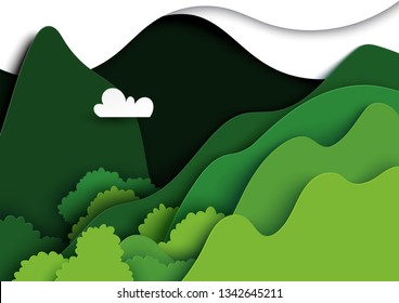 Green mountains nature landscape background.Natural and environment conservation creative idea concept of paper art style.Vector illustration.