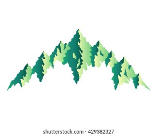 Green Mountains on a white background. Silhouette of mountains with green gradient fill. Mountain logo, emblem, symbol. Outdoor activity symbol. High sharp mountain peaks. Sketch of a mountain. Vector