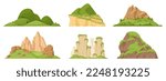 Green mountains set. Cartoon hill tops, mountain green peak and rocky range, nature landscape mountain silhouettes flat vector illustrations on white background