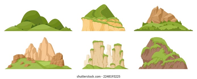 Green mountains set. Cartoon hill tops, mountain green peak and rocky range, nature landscape mountain silhouettes flat vector illustrations on white background